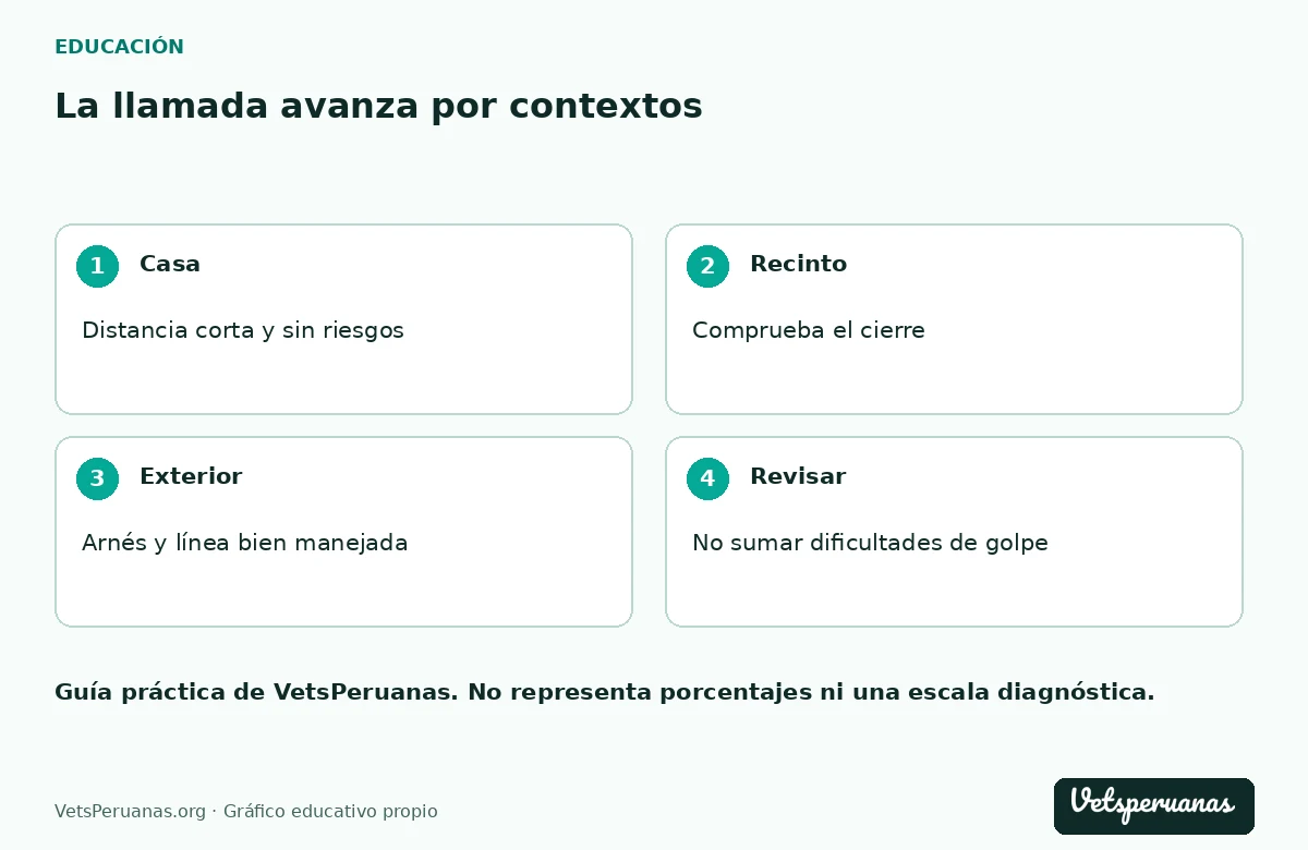 La llamada avanza por contextos: Casa — Distancia corta y sin riesgos. Recinto — Comprueba el cierre. Exterior — Arnés y línea bien manejada. Revisar — No sumar dificultades de golpe